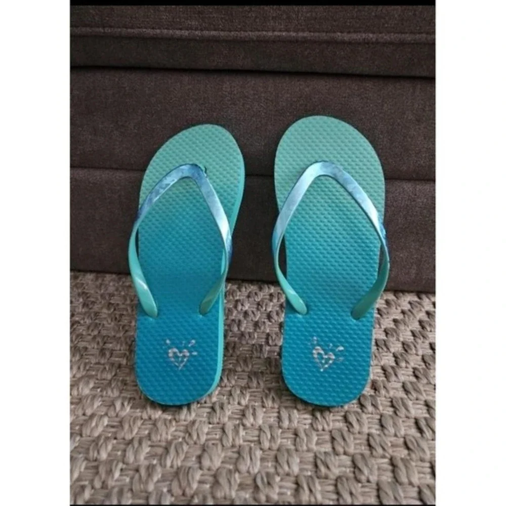 Justice Girls Teal Turquoise Ombre Flip Flops Summer Beach‎ Sandals Size 4/5